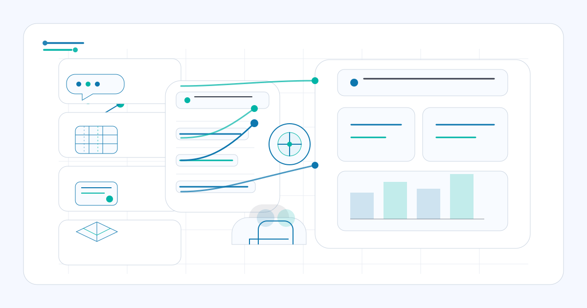 Ilustrasi alur data bisnis dari chat, spreadsheet, kasir, dan gudang yang terhubung ke satu sistem operasional