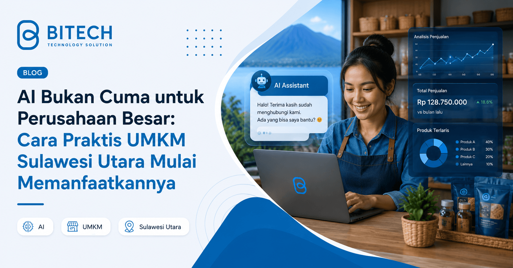 Ilustrasi pemilik UMKM Sulawesi Utara menggunakan asisten AI untuk membalas pesan pelanggan dan menganalisa penjualan